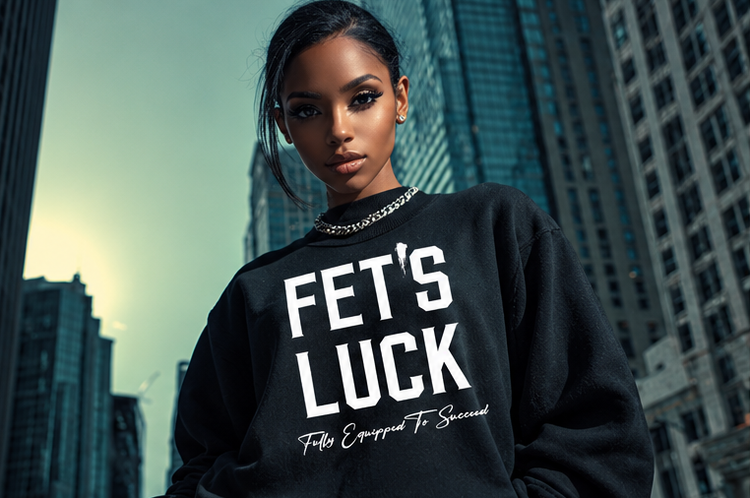 Female model wearing a black GET-ILL FET'S LUCK graphic crewneck sweatshirt with white lettering and Fully Equipped To Succeed slogan in a downtown setting.
