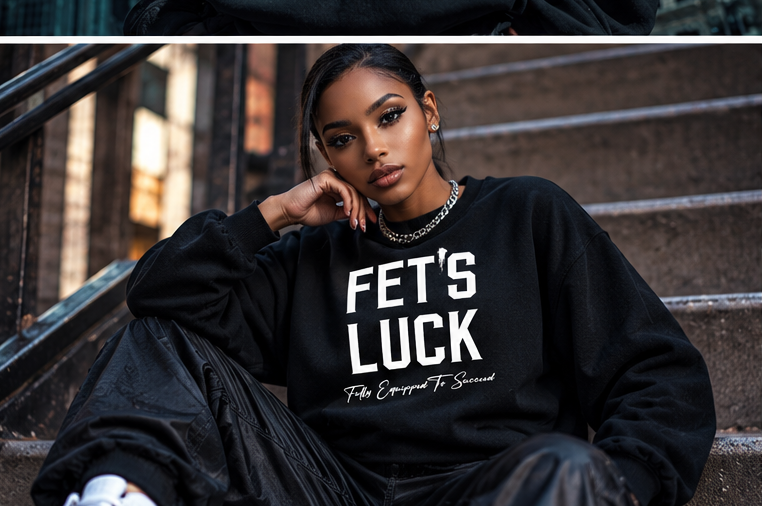 Female model seated on city steps wearing a black GET-ILL FET'S LUCK graphic crewneck sweatshirt with bold white lettering.