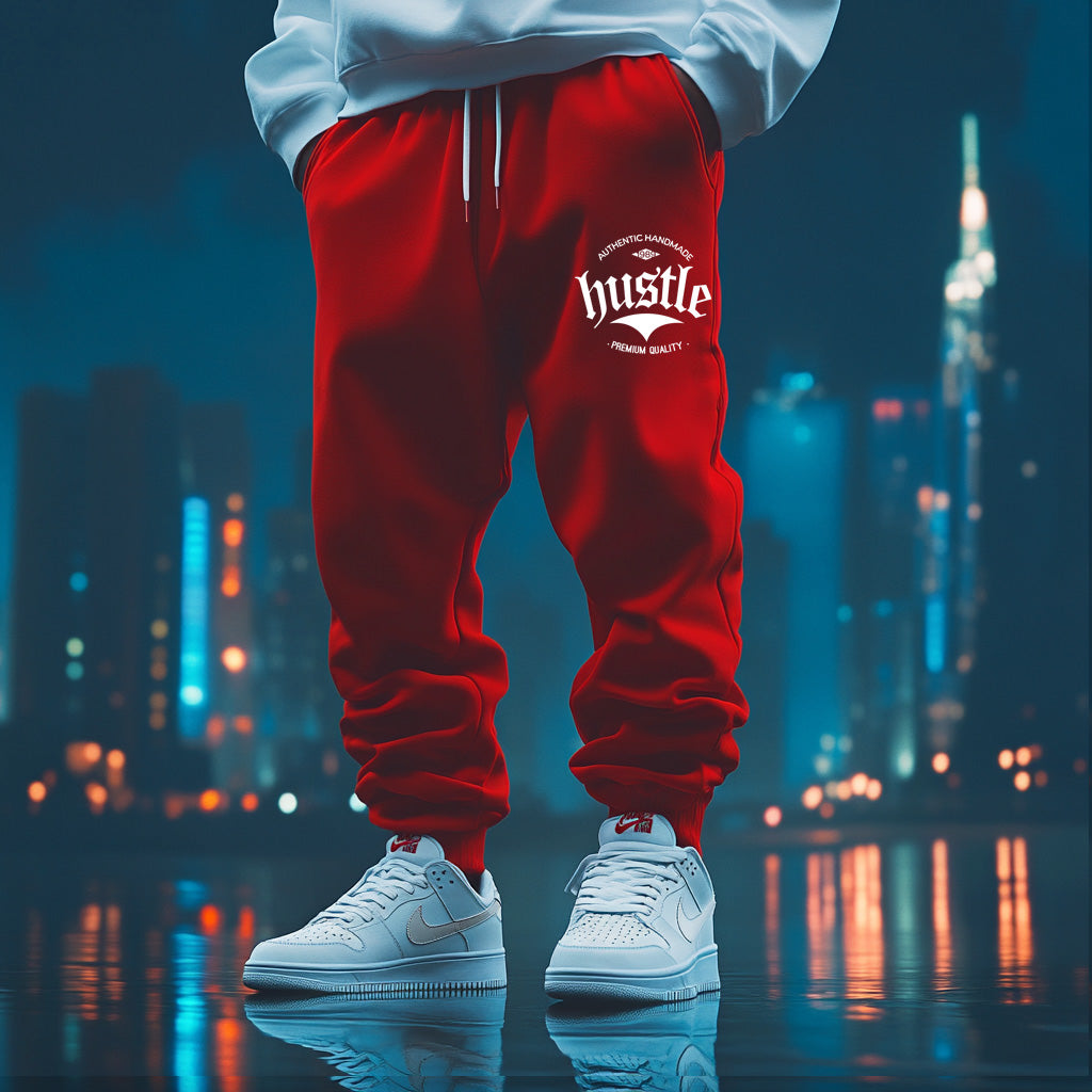 Model wearing GET-ILL Hustle Premium Fleece Joggers in Red streetwear outfit