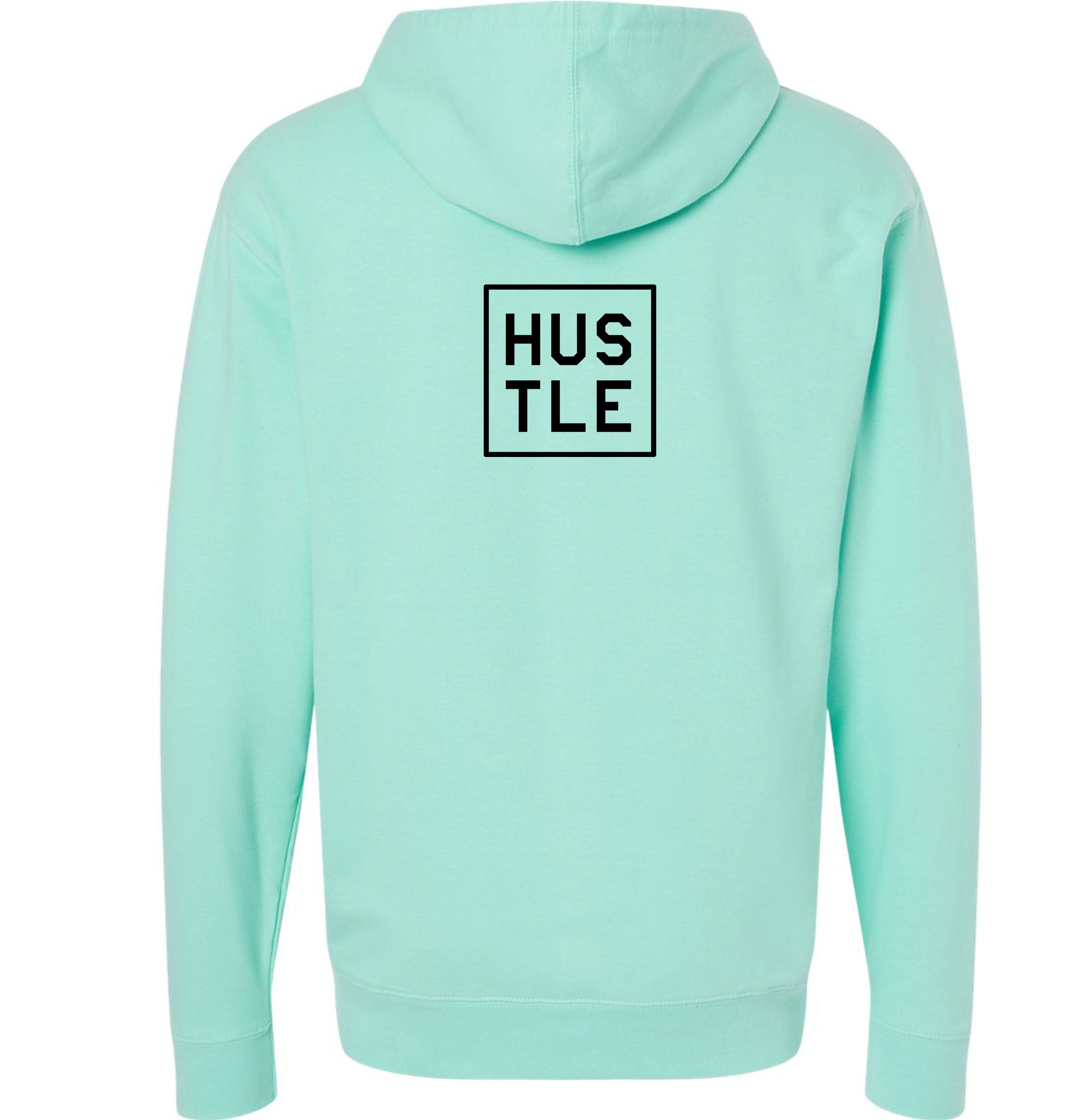 Close-up of light green 
hoodie , from the back, showing the "hustle" graphic box.