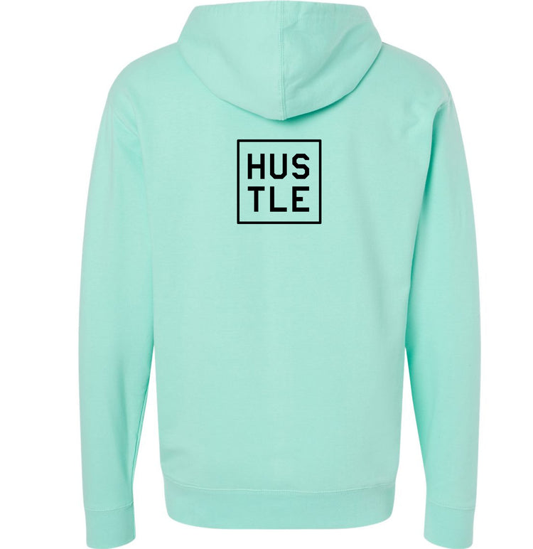 Close-up of light green 
hoodie , from the back, showing the "hustle" graphic box.