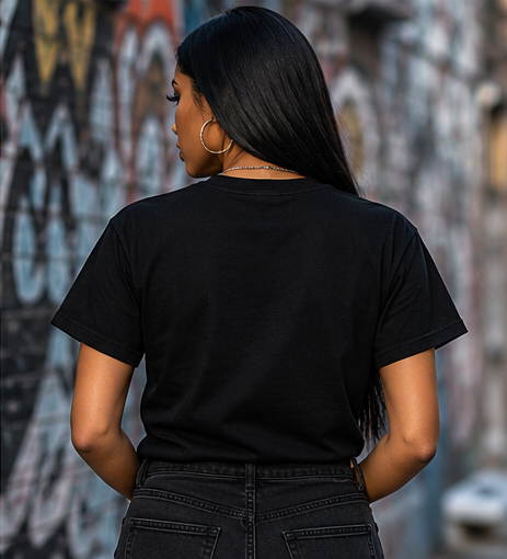 Female model showing the back view of the GET-ILL FET'S LUCK black graphic T-shirt with short sleeves and a relaxed fit.