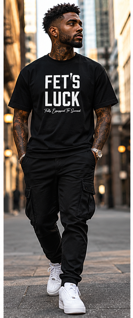 Full-body male model wearing GET-ILL FET'S LUCK black graphic T-shirt with white lettering, styled with black pants and sneakers.