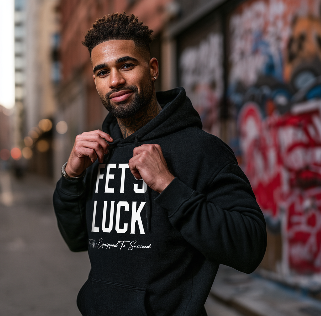 Male model wearing GET-ILL FET'S LUCK black graphic pullover hoodie with bold white lettering and Fully Equipped To Succeed slogan.